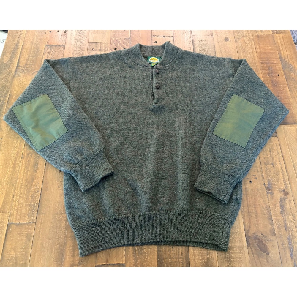 Vintage Cabelas Mens Large Wool Blend Henley Sweater Olive Green Elbow Patches